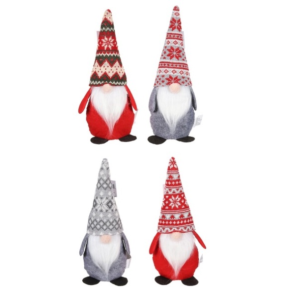 NWT- 14”- Set of 4- Red & Gray Holiday Gnomes Set w/ Red & Gray Sweater Hats - Picture 3 of 16